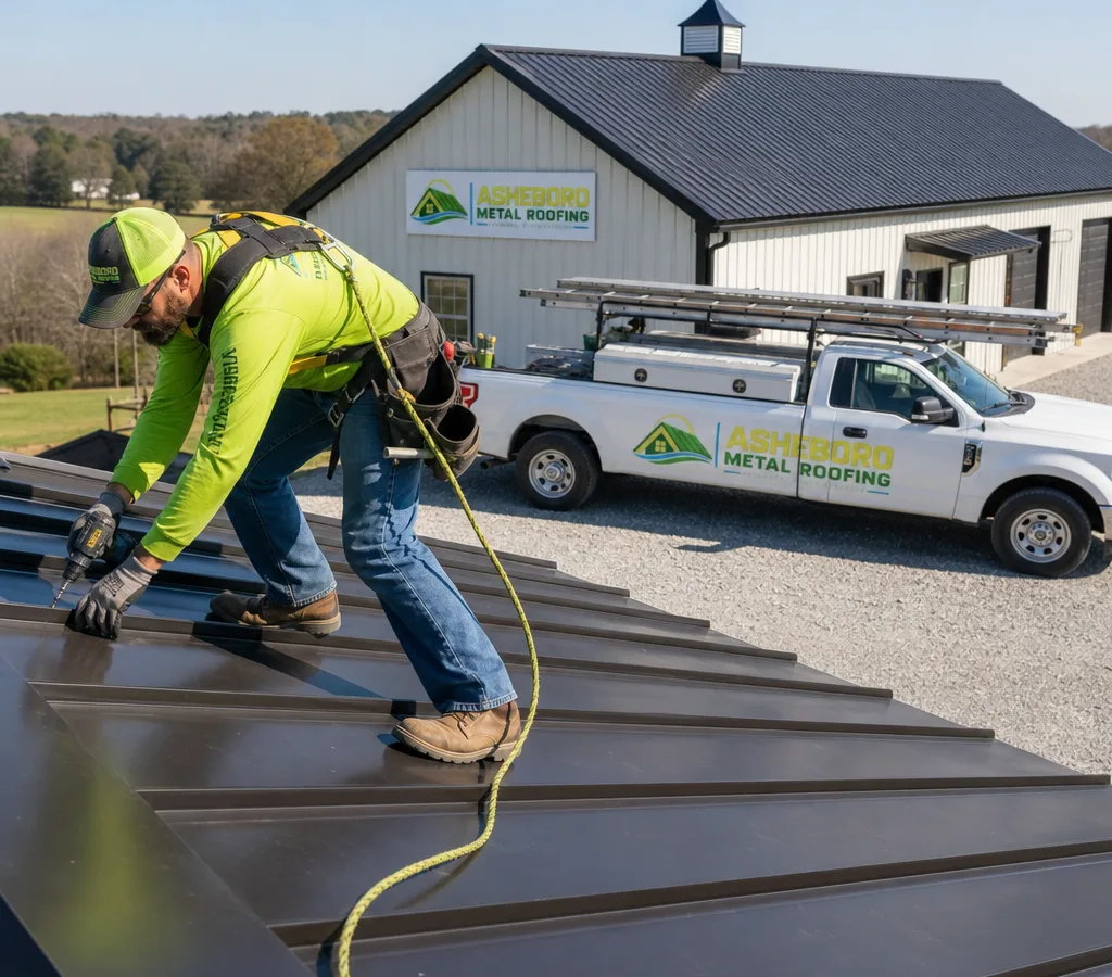 Installer fastening standing seam metal roofing panels on a residential roof in clear daylight with proper fall protection visible