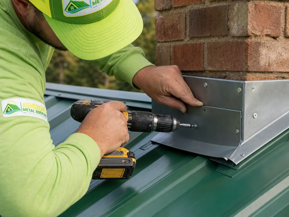 Close-up of metal roof flashing at a chimney or wall transition showing neat counterflashing and sealed fasteners