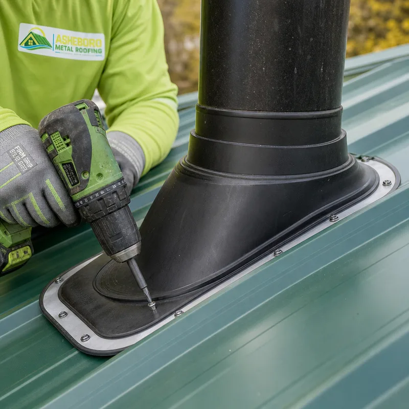 Properly fitted pipe boot and surrounding sealing detail on a sloped roof