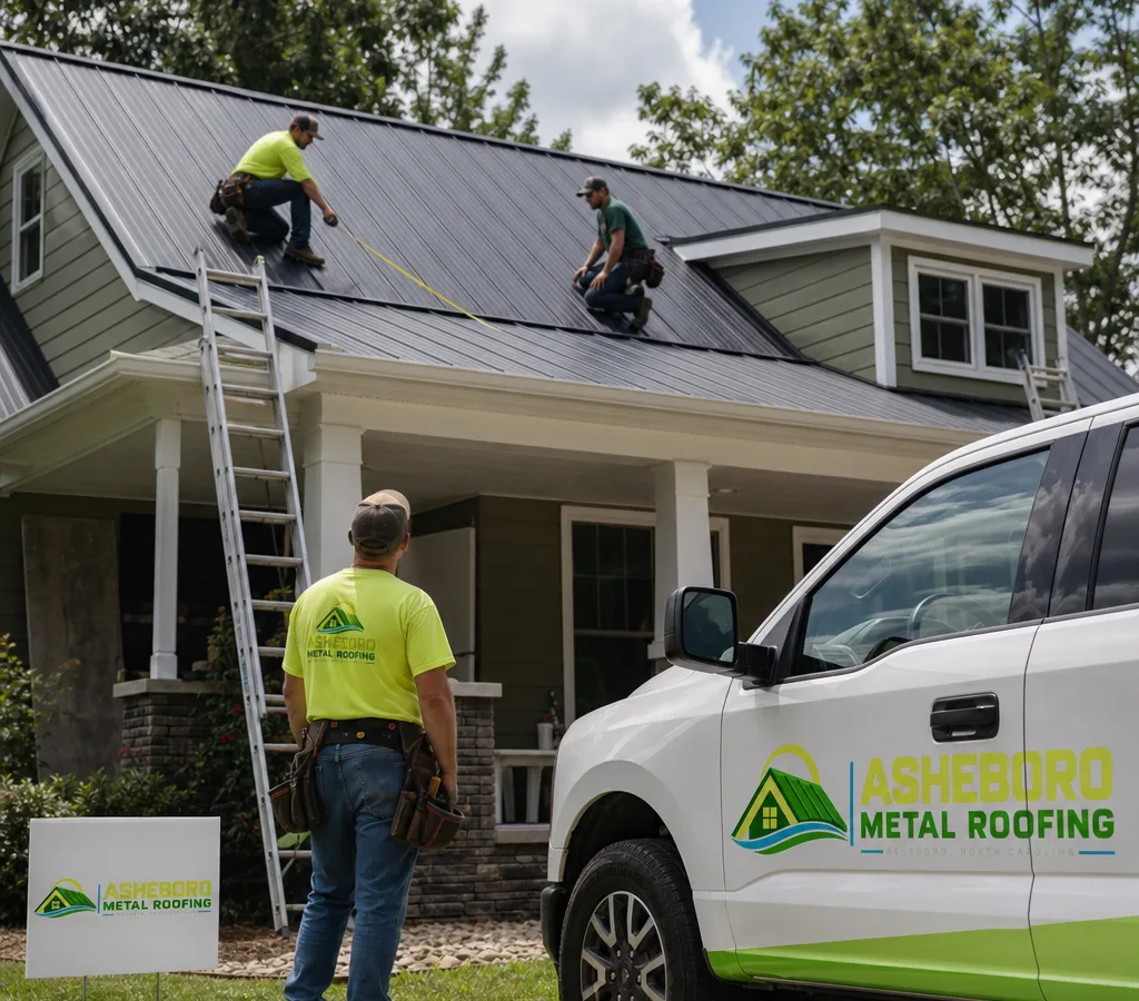Crew on a residential roof in Asheboro performing an inspection and measuring roof planes with secured ladders and clean staging