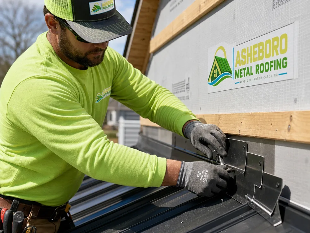 Roofer installing step flashing at a roof-to-wall transition with properly lapped and fastened underlayment