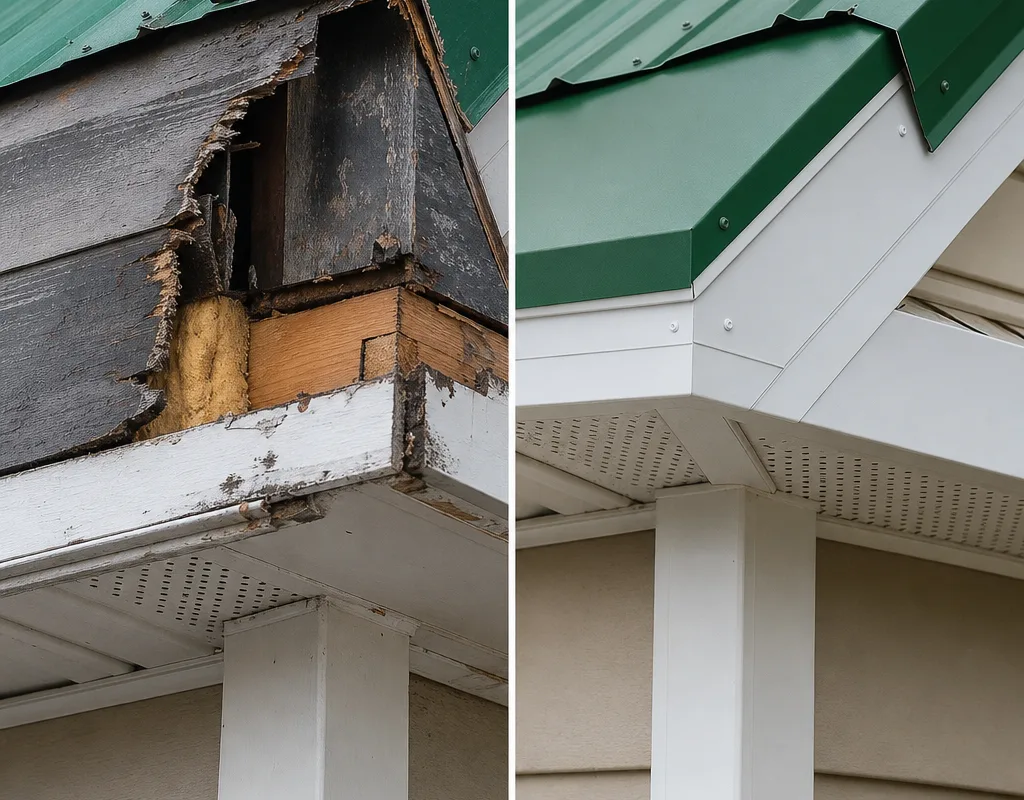 Side-by-side view of an exterior area before repair with damaged trim and exposed underlayment, and after repair with properly finished trim, sealed transitions, and clean edges