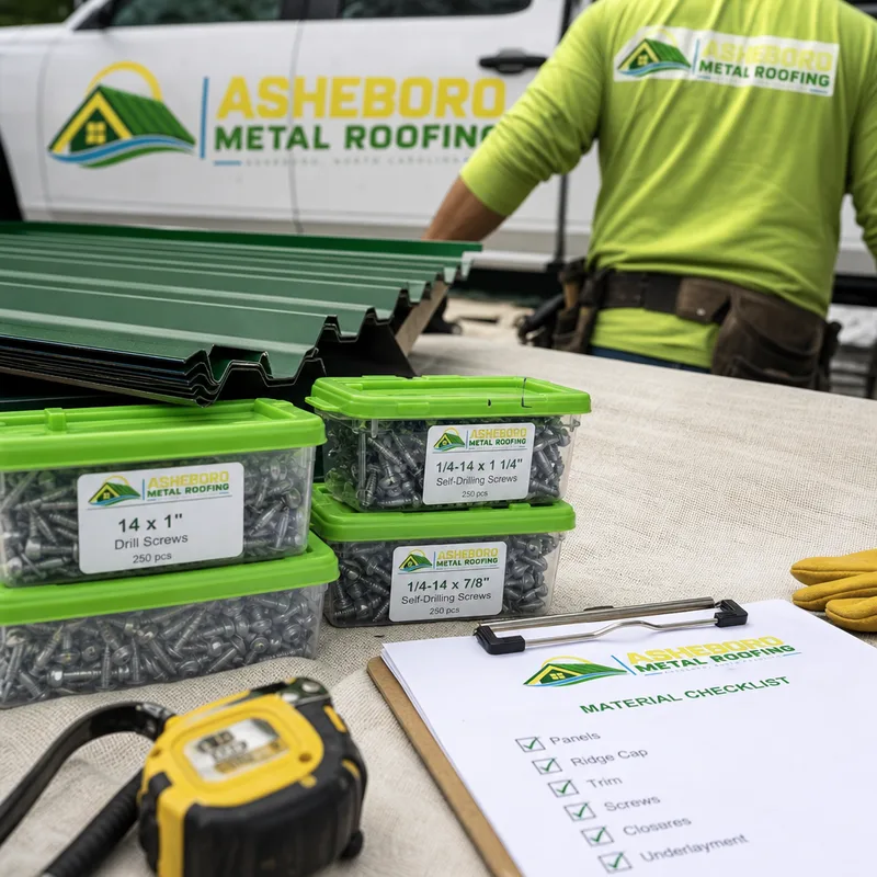 Close-up of labeled materials and fasteners laid out on a clean tarp with a simple checklist visible, showing organized staging and verification before installation