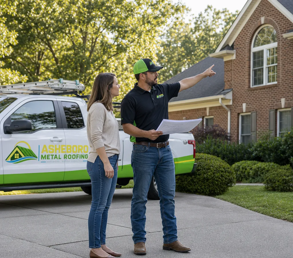 A local residential contractor meeting a homeowner on a driveway in Asheboro, reviewing a printed scope and pointing toward the exterior of a house before work begins