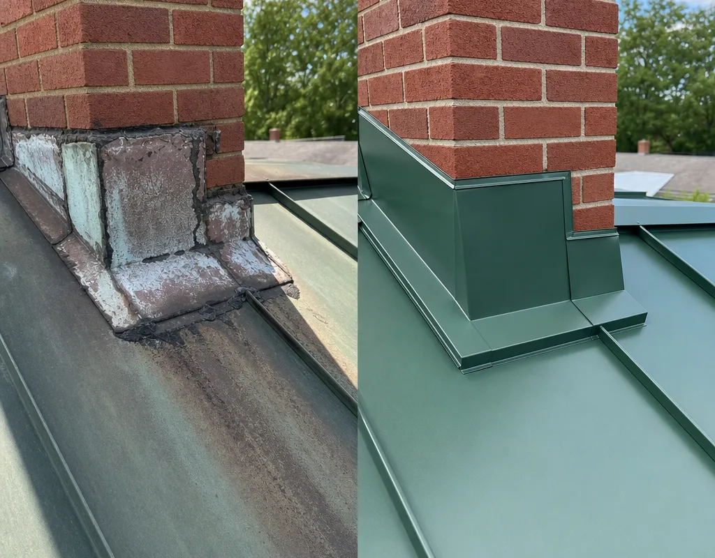 Before-and-after view of deteriorated chimney flashing and properly repaired counterflashing