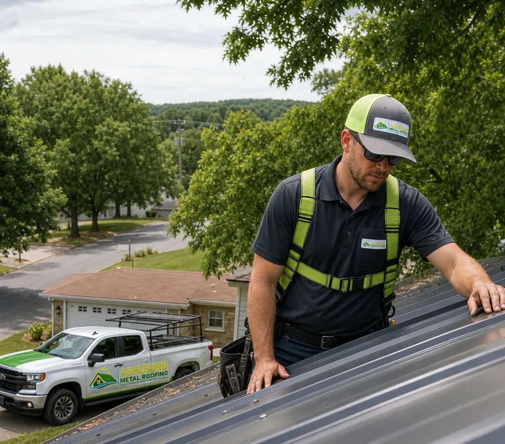 Roofer inspecting a residential roof in Asheboro, North Carolina, with visible roof lines and local tree cover