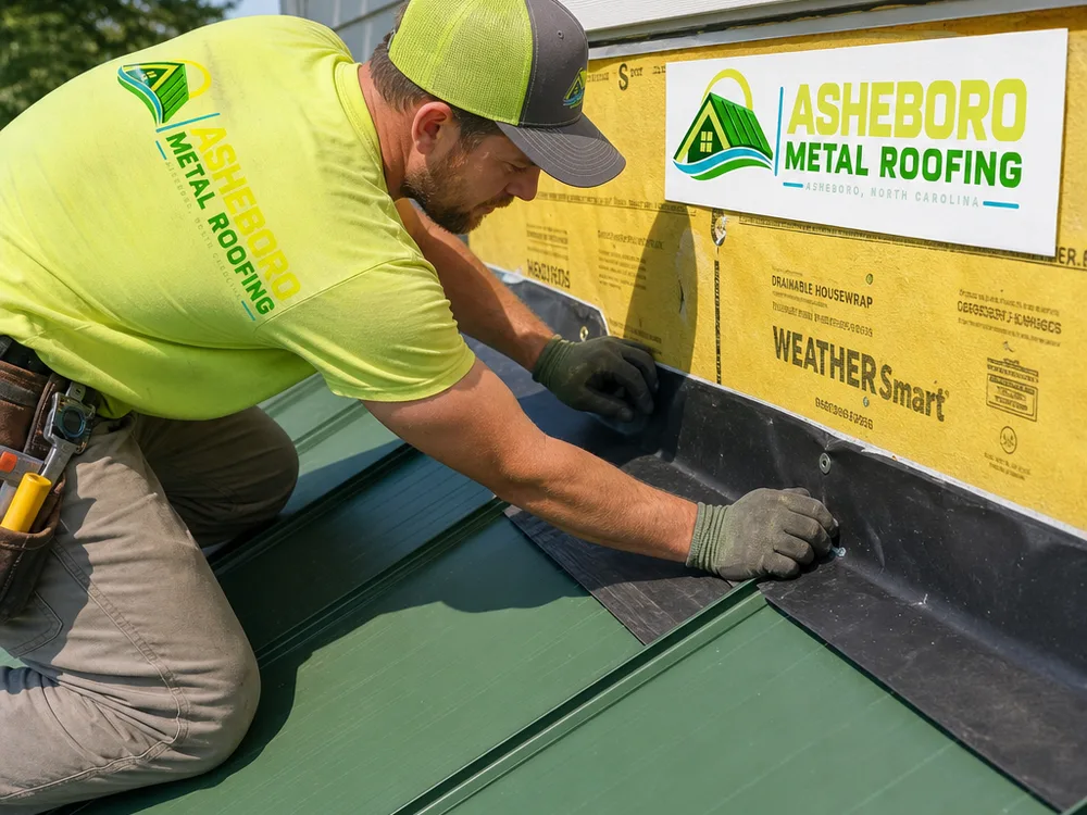 Roofer installing step flashing and underlayment at a residential roof-to-wall transition