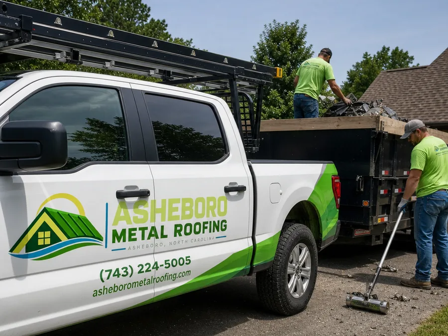 A contractor on-site in Asheboro taking measurements at an exterior wall and marking notes on a clipboard, with protective ground covering and staged materials visible