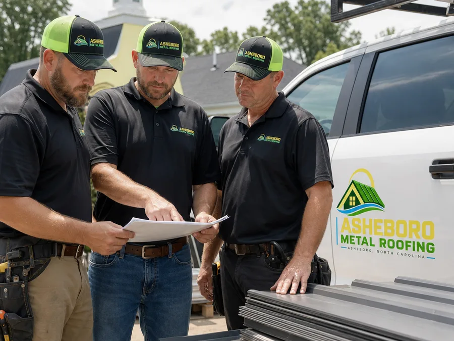 Roofing crew on site reviewing a roof plan and materials checklist beside a work truck with metal panels staged neatly