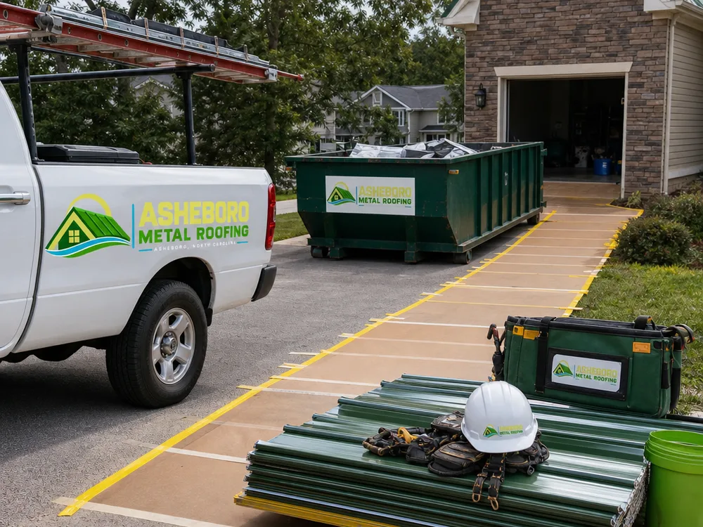 A tidy jobsite setup with tools stacked safely, walkways protected, and debris contained in a designated area near a driveway